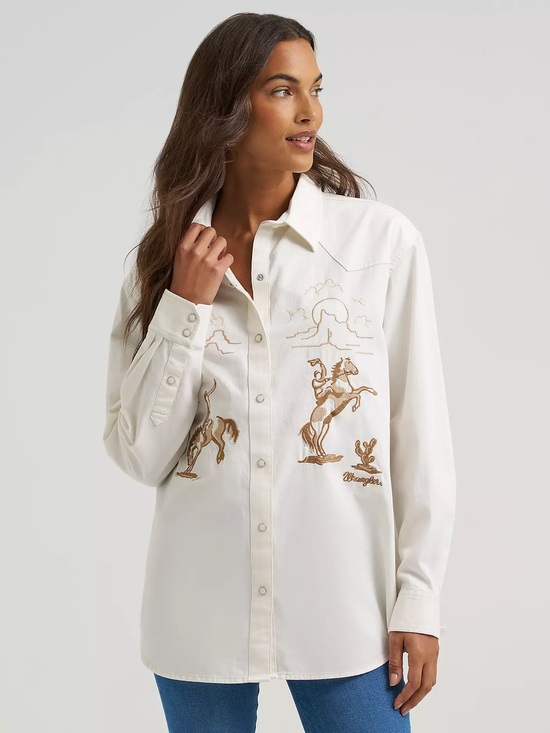 Wrangler Tops - Wrangler retro horse embroidered cotton boyfriend shirt cream womens S